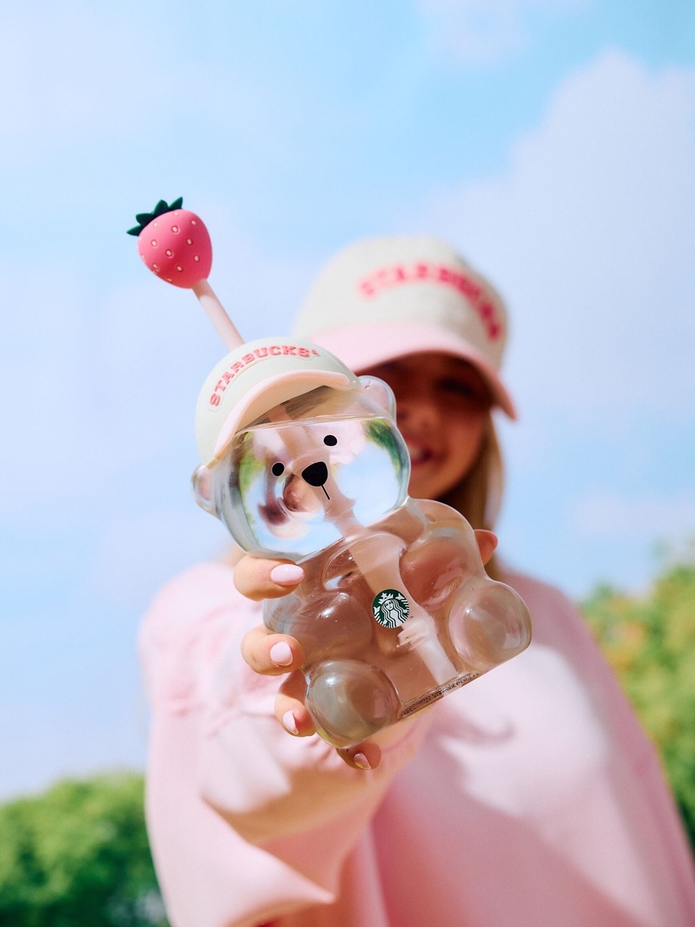 Starbucks Bear-Shaped Straw Cup with Strawberry Topper NEW